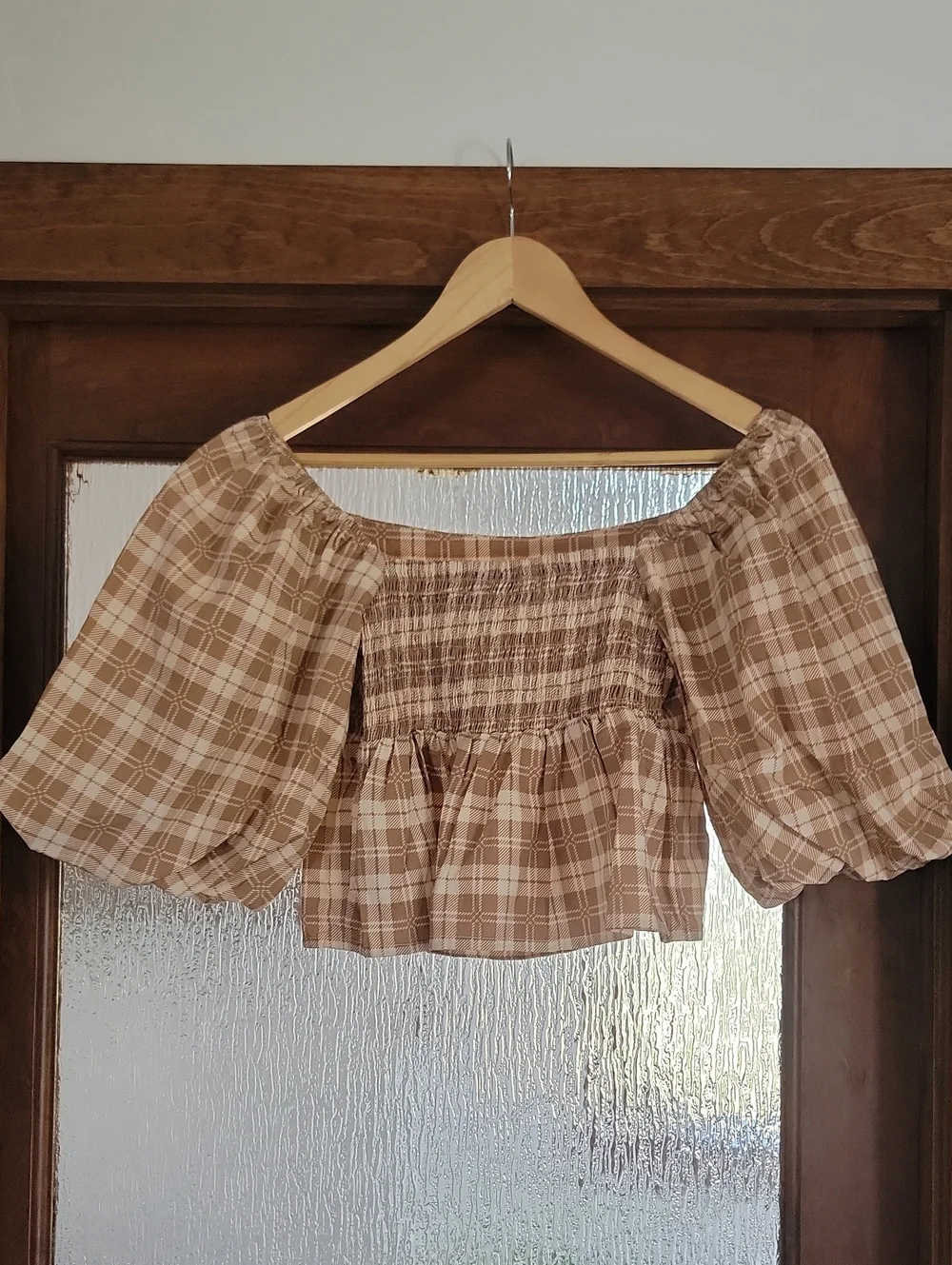 Faithfull the Brand Beige Plaid Puff-Sleeve Peplum Top
